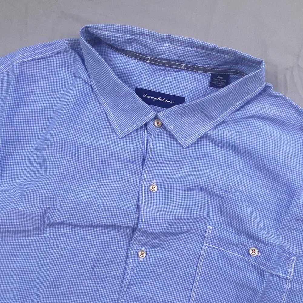 Tommy Bahamaβ Linen Tencel Gingham Shirt Mens 4XB Blue Short Sleeve Button Up